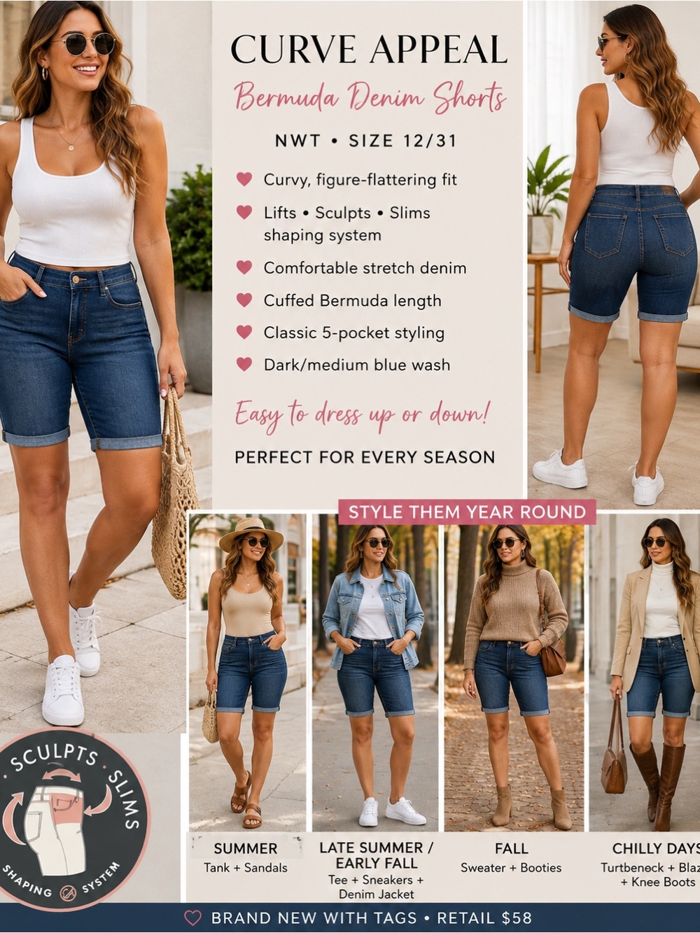 ✨ NWT Curve Appeal Curvy Stretch Bermuda Denim Shorts – Size 12/31 ✨